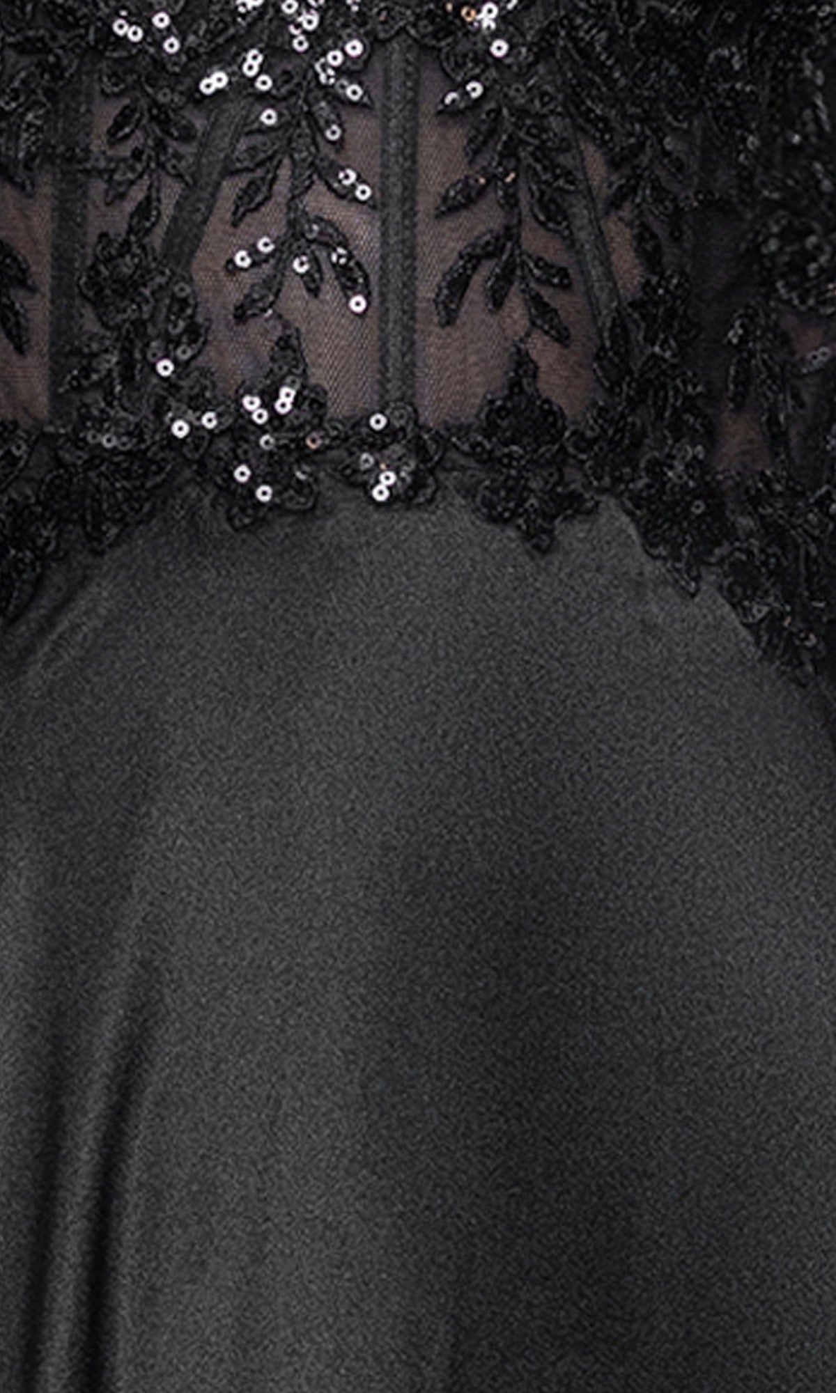Close-up of the Blondie Nites 6088BN long prom dress featuring an A-line satin skirt and a mesh bodice adorned with lace and sequin floral detailing.